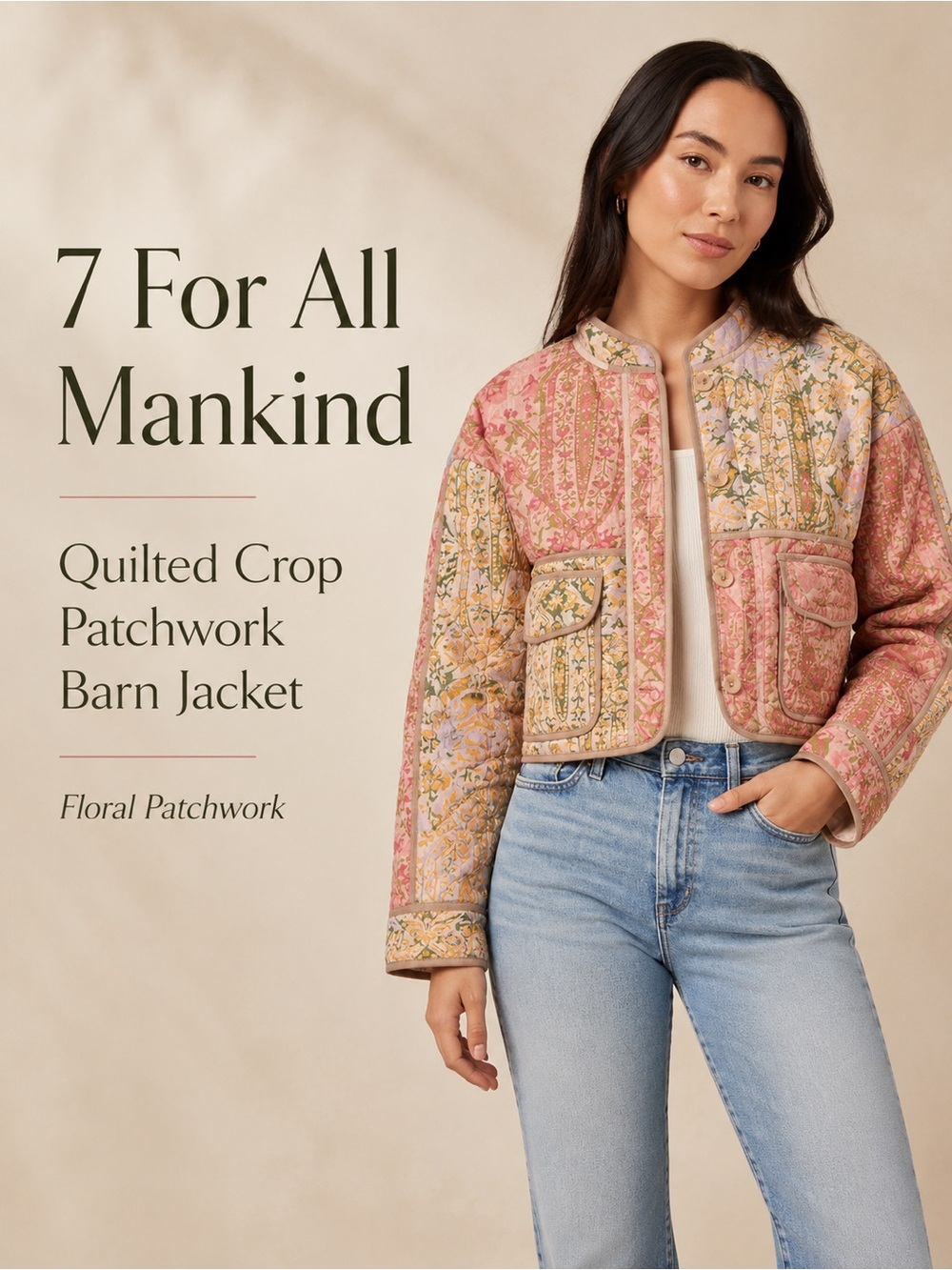 7 For All Mankind Quilted Crop Patchwork Barn Jacket Pink Floral Size M